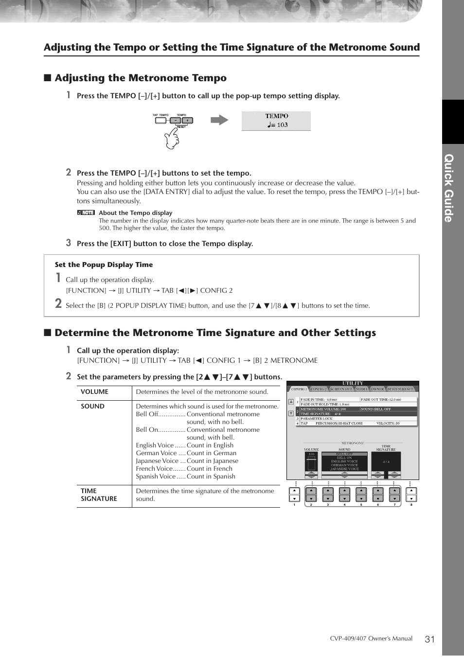 P. 31, Quic k guide | Yamaha CVP-409 User Manual | Page 31 / 226