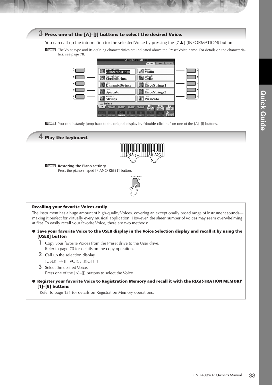 Quic k guide | Yamaha CVP-409 User Manual | Page 33 / 226