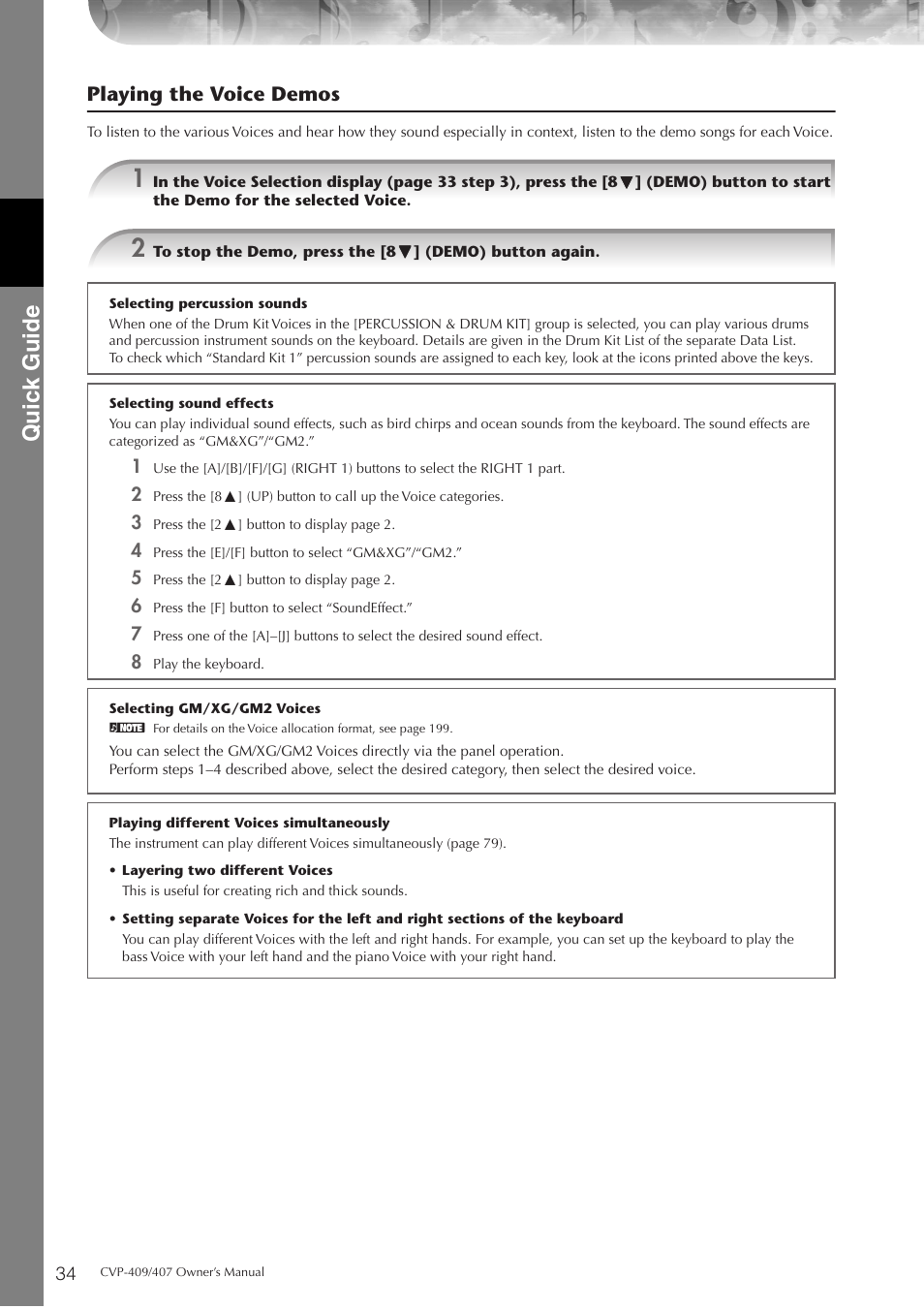 Quic k guide, Playing the voice demos | Yamaha CVP-409 User Manual | Page 34 / 226