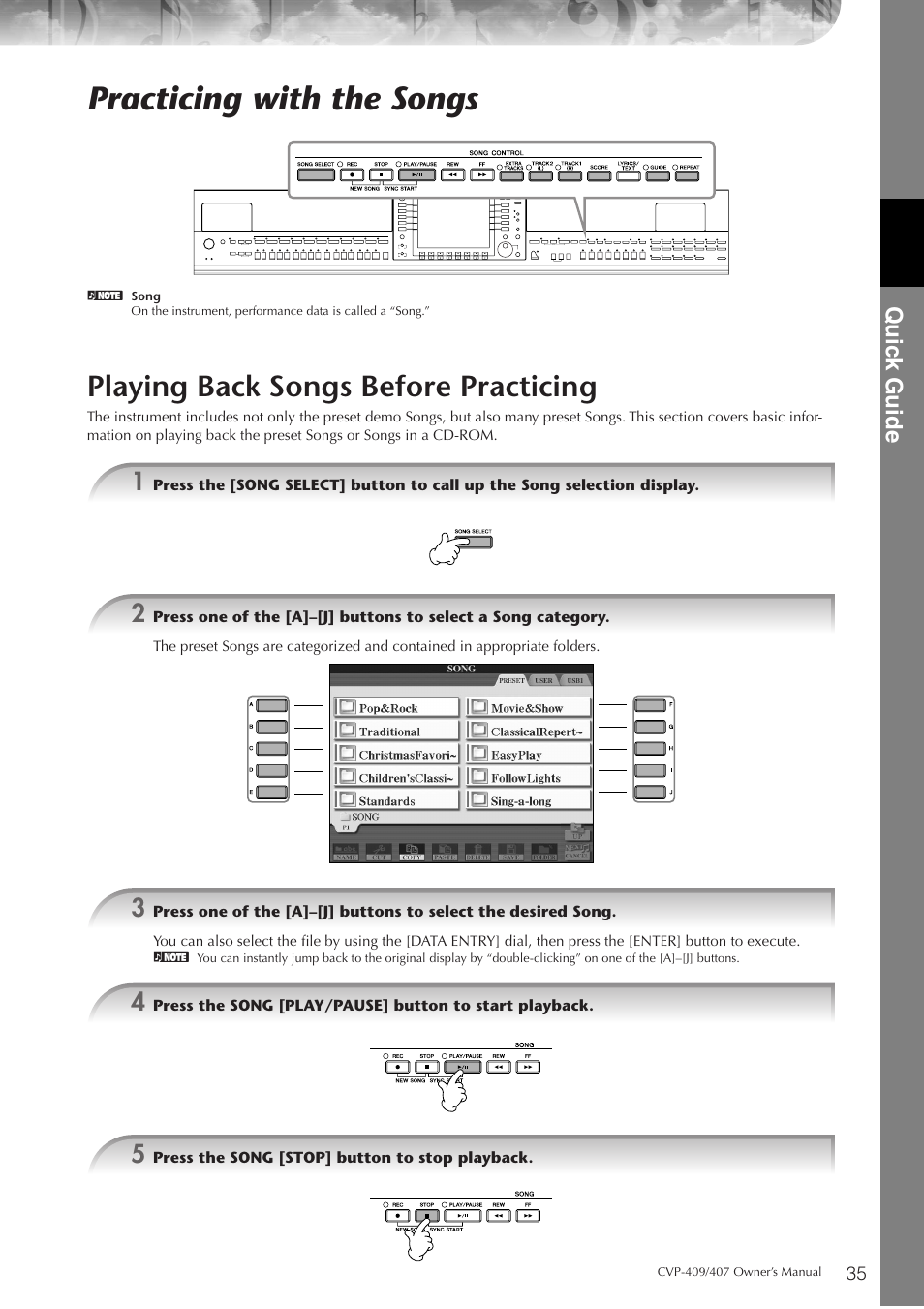 Practicing with the songs, Playing back songs before practicing, P. 35 | Quic k guide | Yamaha CVP-409 User Manual | Page 35 / 226