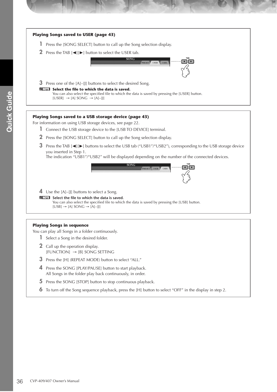 Quic k guide | Yamaha CVP-409 User Manual | Page 36 / 226