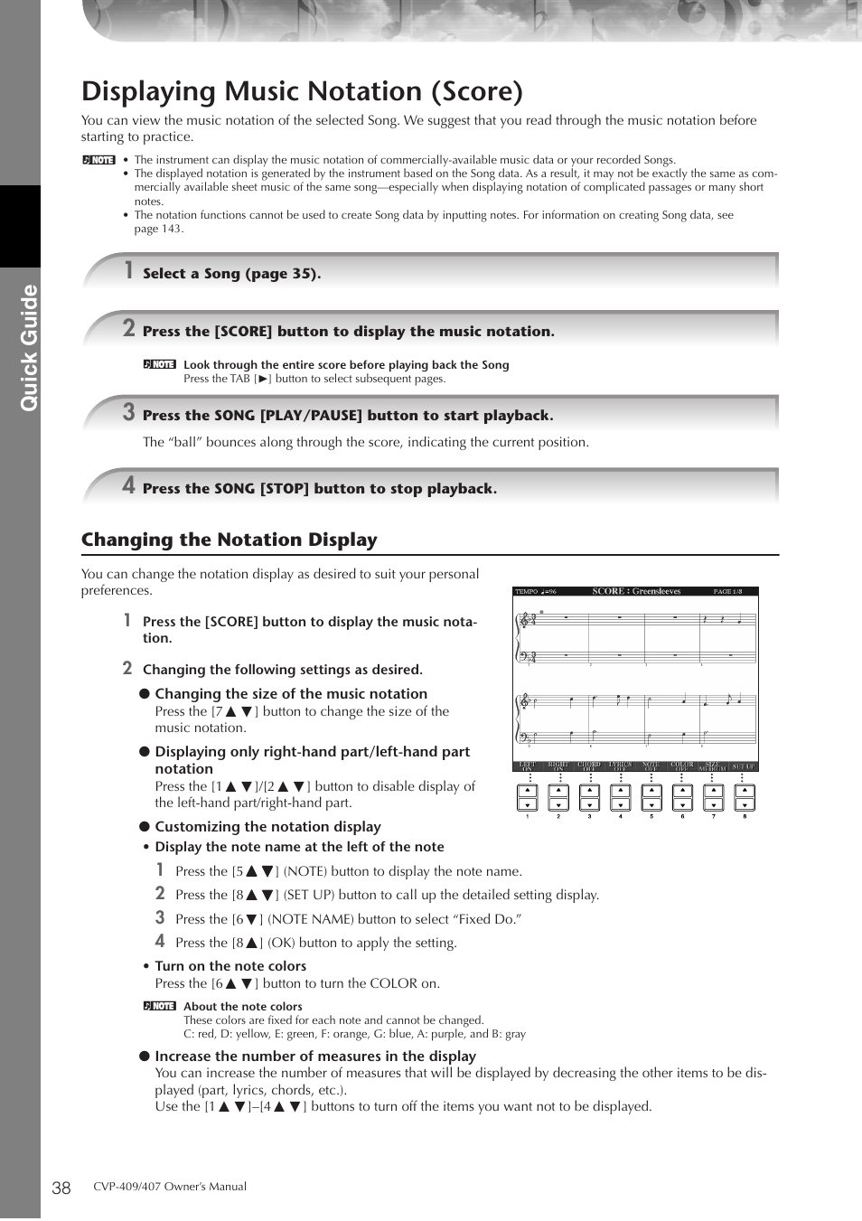 Displaying music notation (score), P. 38, Quic k guide | Changing the notation display | Yamaha CVP-409 User Manual | Page 38 / 226