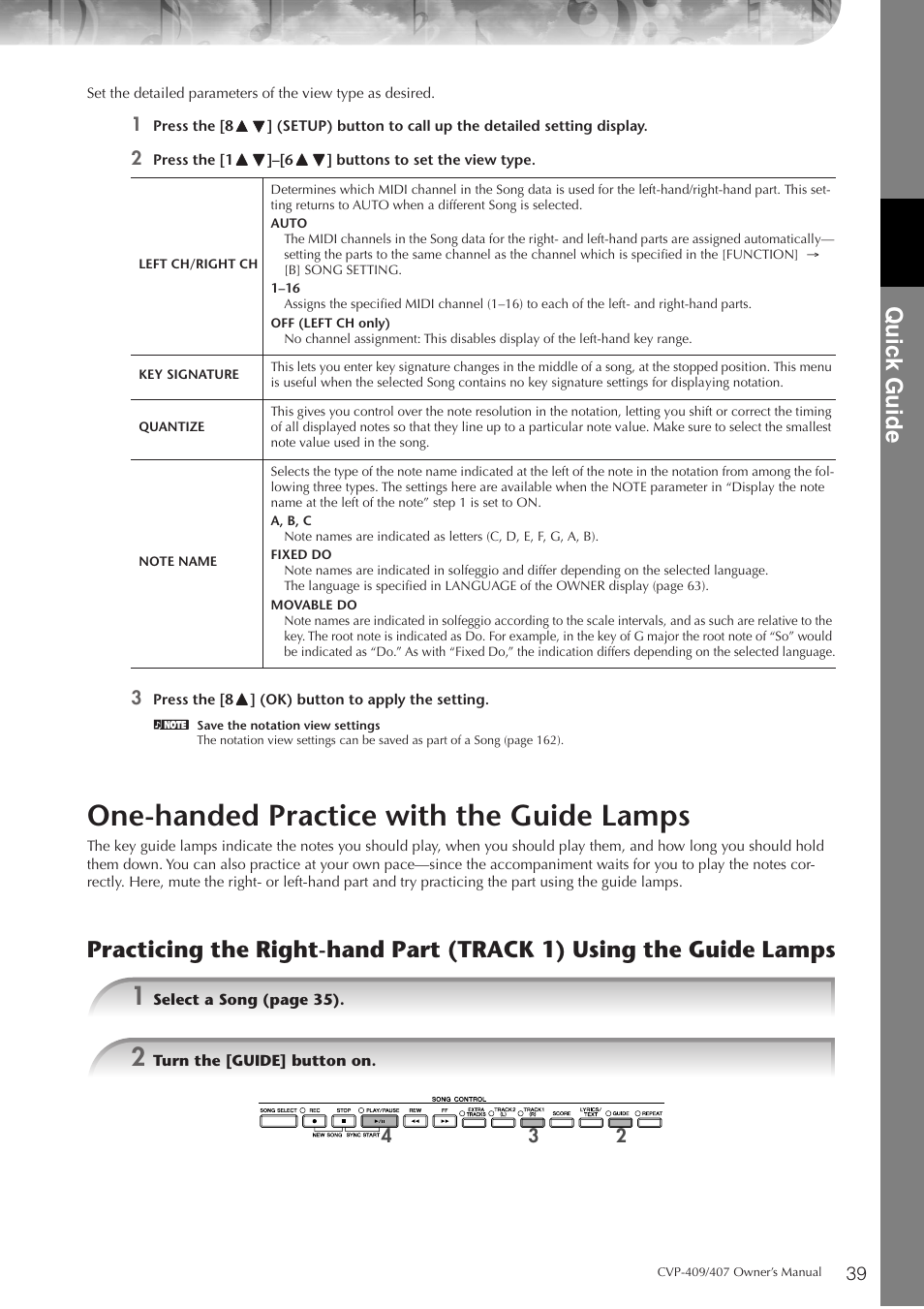 One-handed practice with the guide lamps, P. 39, Quic k guide | Yamaha CVP-409 User Manual | Page 39 / 226
