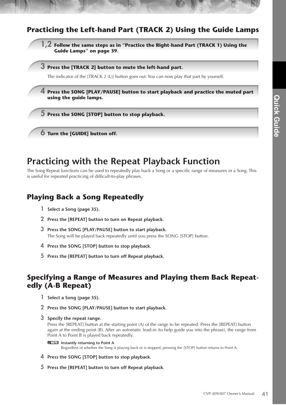 Practicing with the repeat playback function, P. 41, Quic k guide | Playing back a song repeatedly | Yamaha CVP-409 User Manual | Page 41 / 226