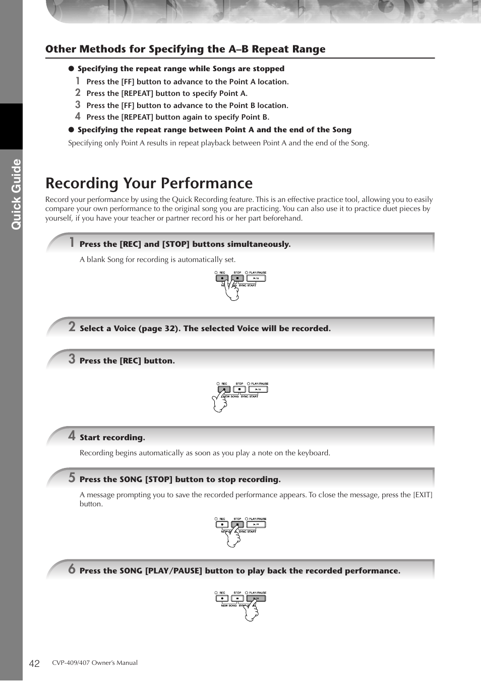 Recording your performance, P. 42, Quic k guide | Yamaha CVP-409 User Manual | Page 42 / 226