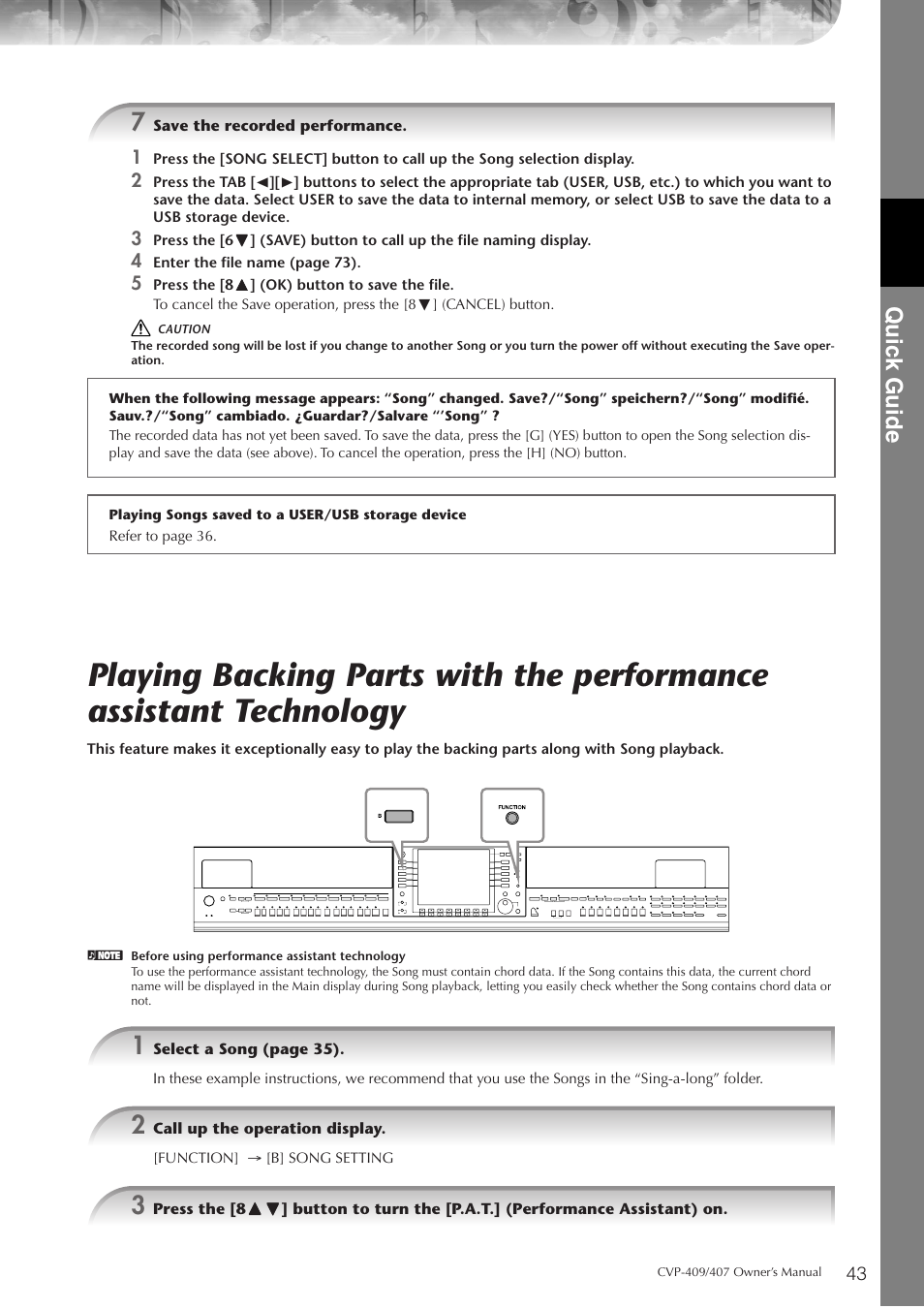 Quic k guide | Yamaha CVP-409 User Manual | Page 43 / 226