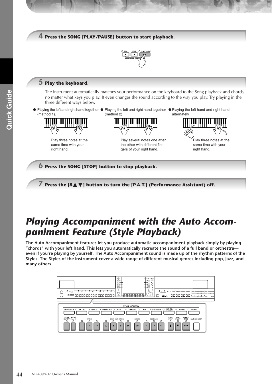 Quic k guide | Yamaha CVP-409 User Manual | Page 44 / 226