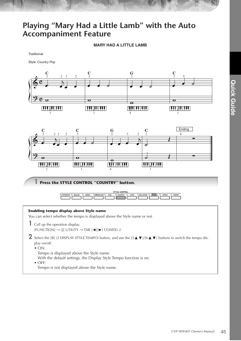 P. 45, Quic k guide | Yamaha CVP-409 User Manual | Page 45 / 226