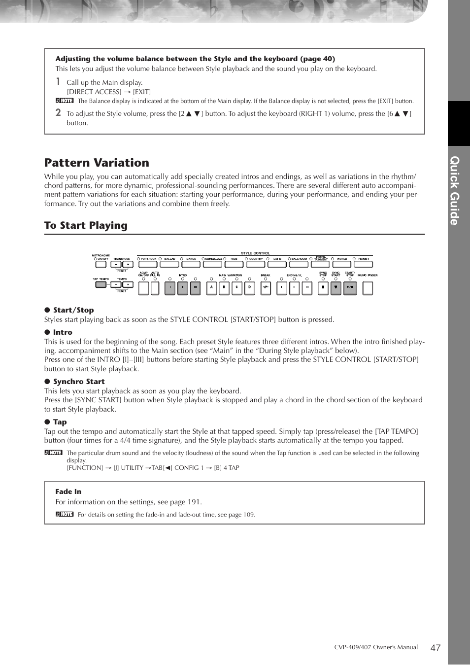 P. 47, Quic k guide, Pattern variation | Yamaha CVP-409 User Manual | Page 47 / 226