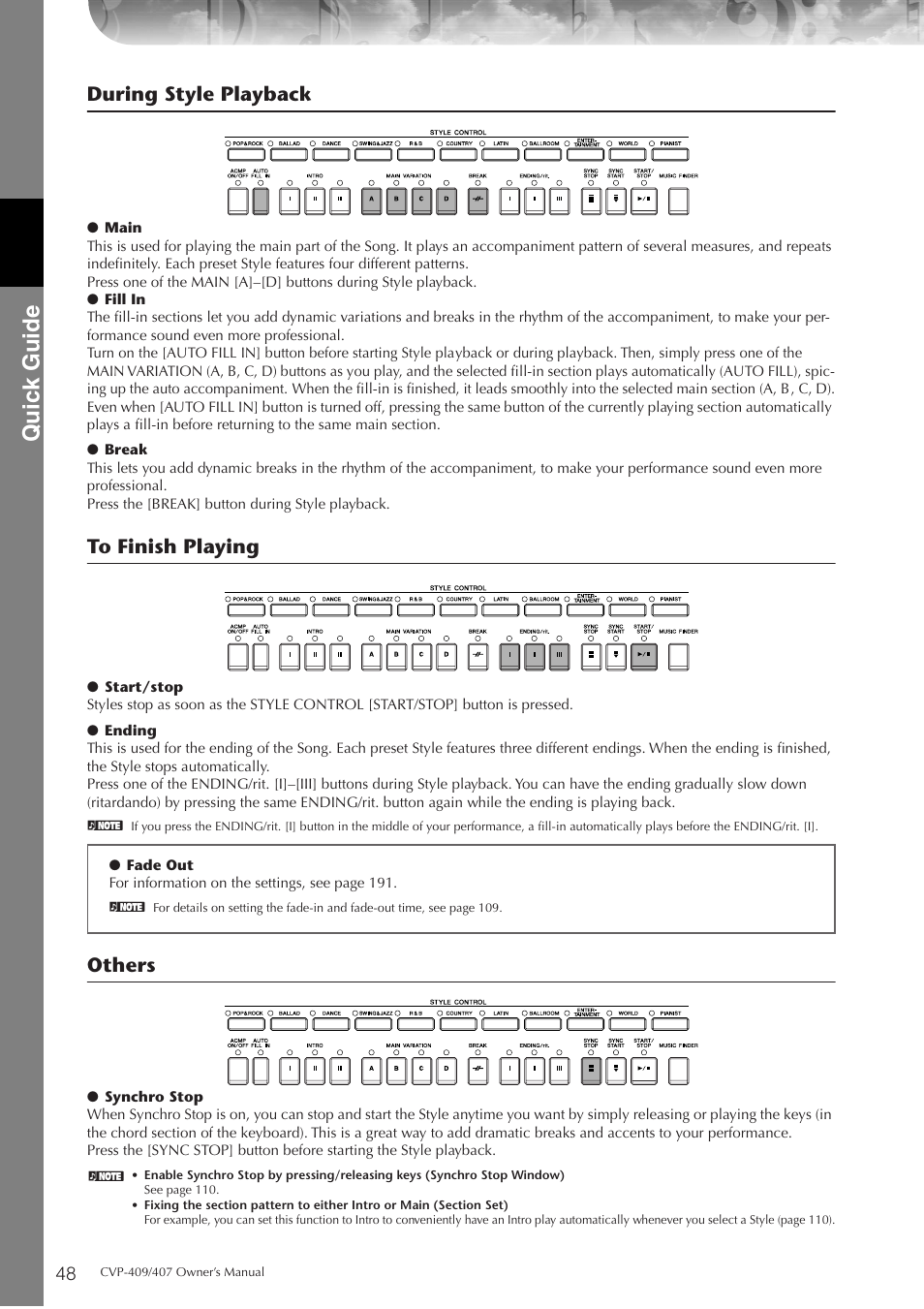 P. 48, Quic k guide, During style playback | Others | Yamaha CVP-409 User Manual | Page 48 / 226