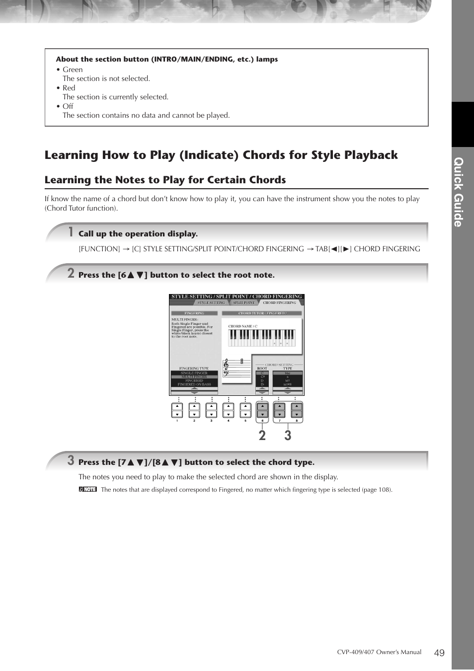 Quic k guide | Yamaha CVP-409 User Manual | Page 49 / 226