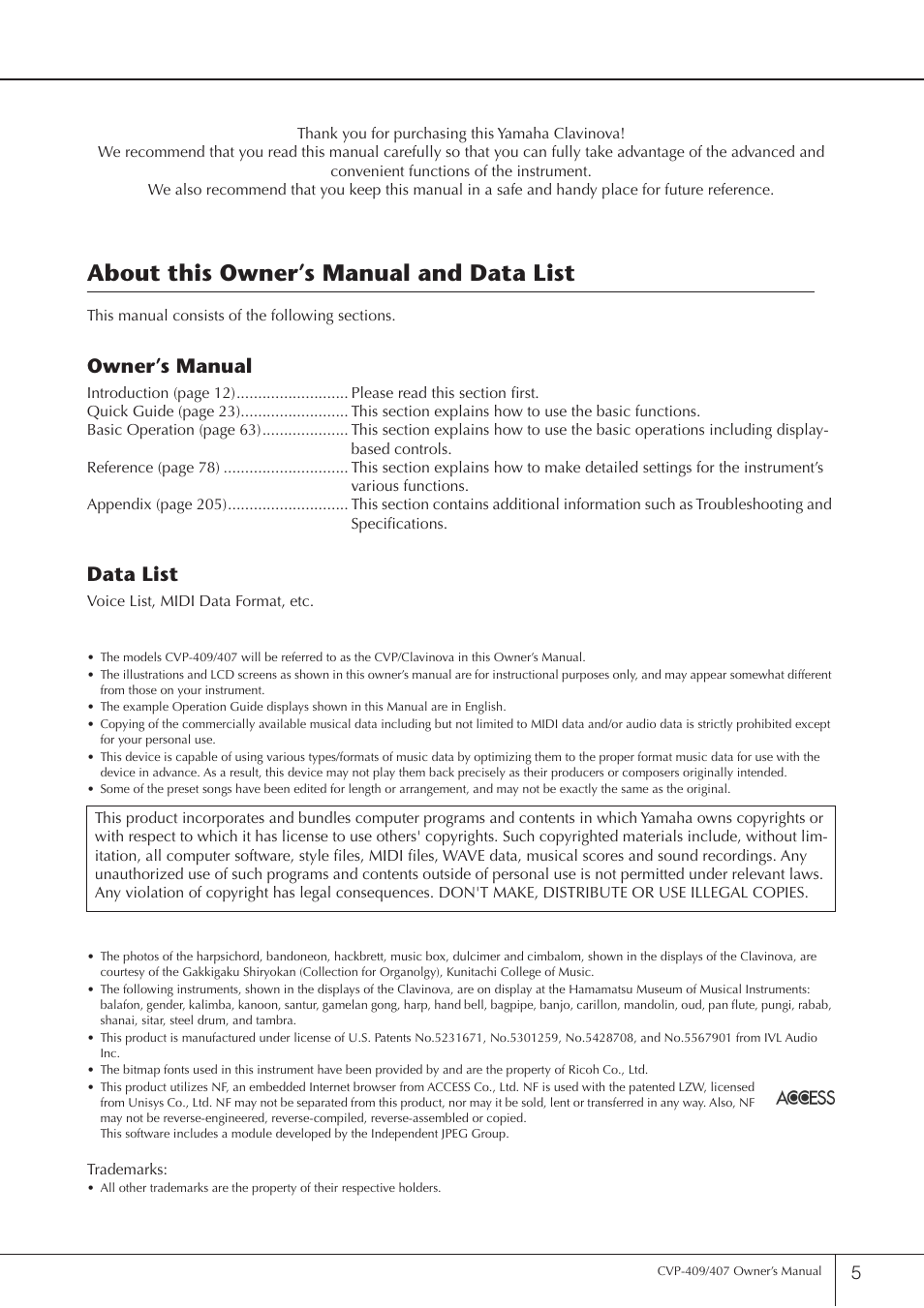 About this owner’s manual and data list, Owner’s manual, Data list | Yamaha CVP-409 User Manual | Page 5 / 226