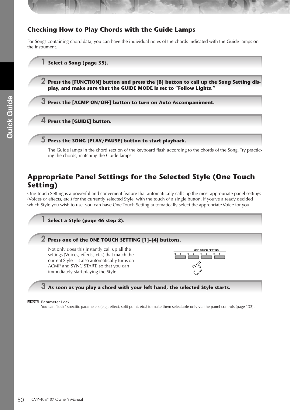 P. 50, Quic k guide | Yamaha CVP-409 User Manual | Page 50 / 226
