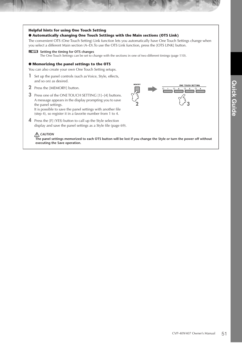 P. 51, Quic k guide | Yamaha CVP-409 User Manual | Page 51 / 226