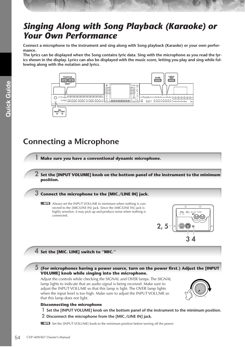 Connecting a microphone, P. 54, Quic k guide | Yamaha CVP-409 User Manual | Page 54 / 226
