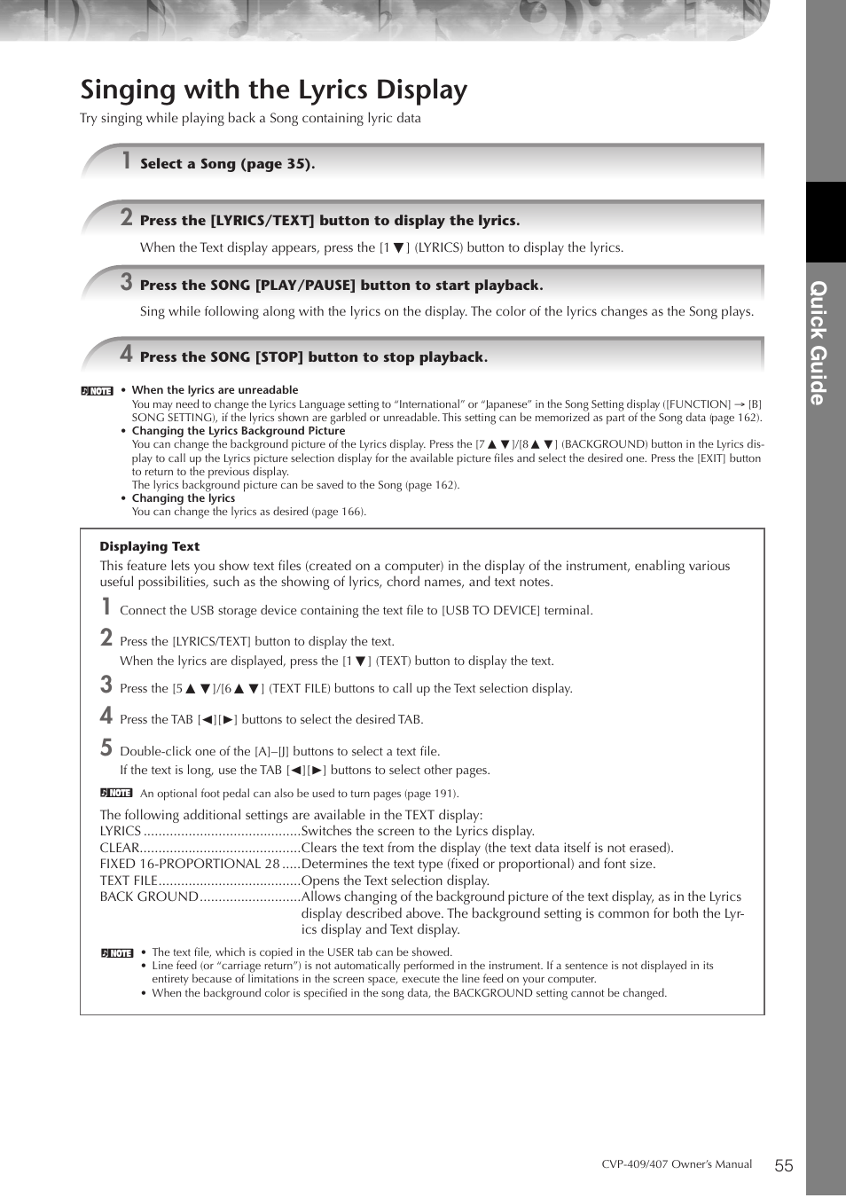 Singing with the lyrics display, P. 55, Quic k guide | Yamaha CVP-409 User Manual | Page 55 / 226