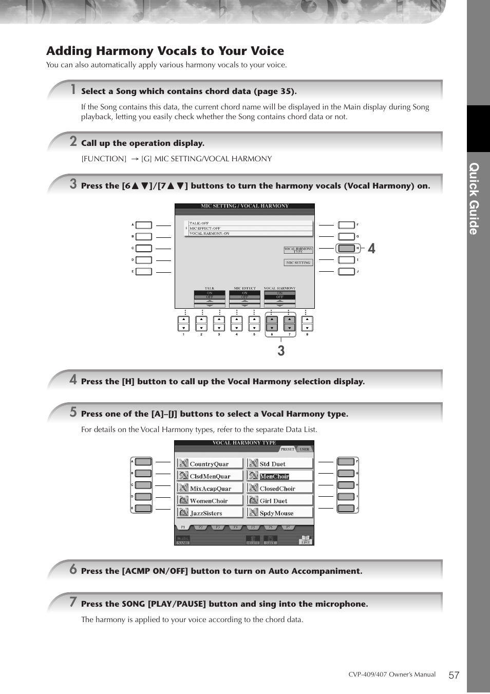 Quic k guide, Adding harmony vocals to your voice | Yamaha CVP-409 User Manual | Page 57 / 226