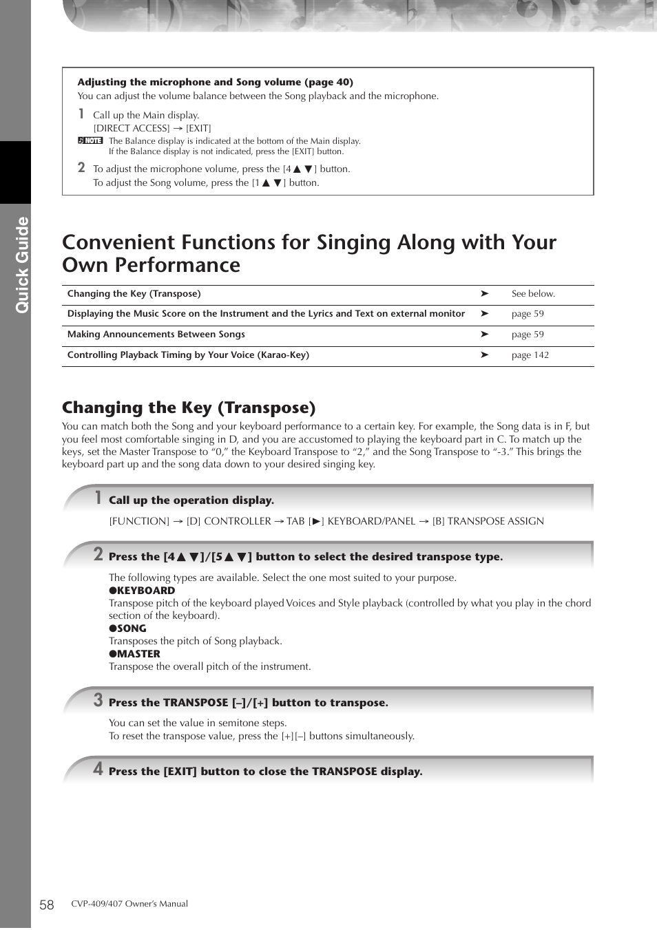 Quic k guide, Changing the key (transpose) | Yamaha CVP-409 User Manual | Page 58 / 226