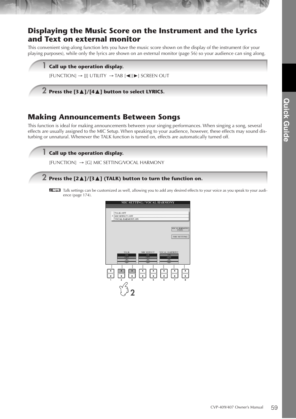 Quic k guide, Making announcements between songs | Yamaha CVP-409 User Manual | Page 59 / 226