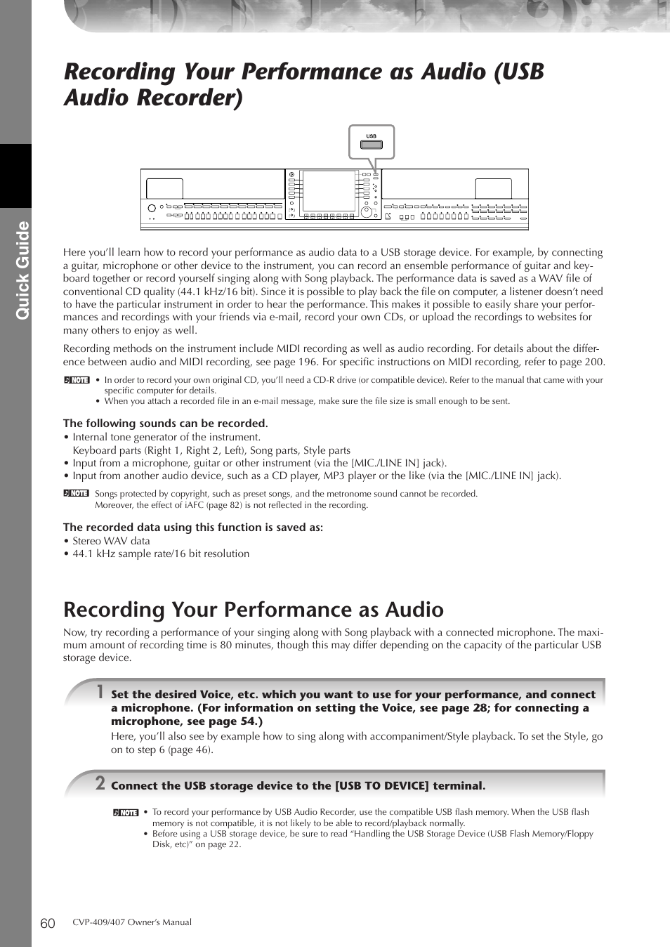 Recording your performance as audio, Quic k guide | Yamaha CVP-409 User Manual | Page 60 / 226