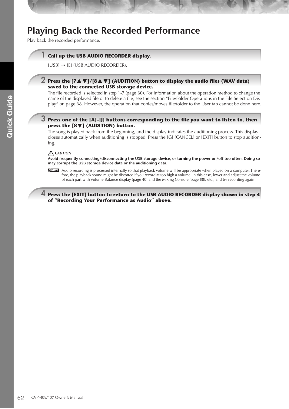 Playing back the recorded performance, Quic k guide | Yamaha CVP-409 User Manual | Page 62 / 226