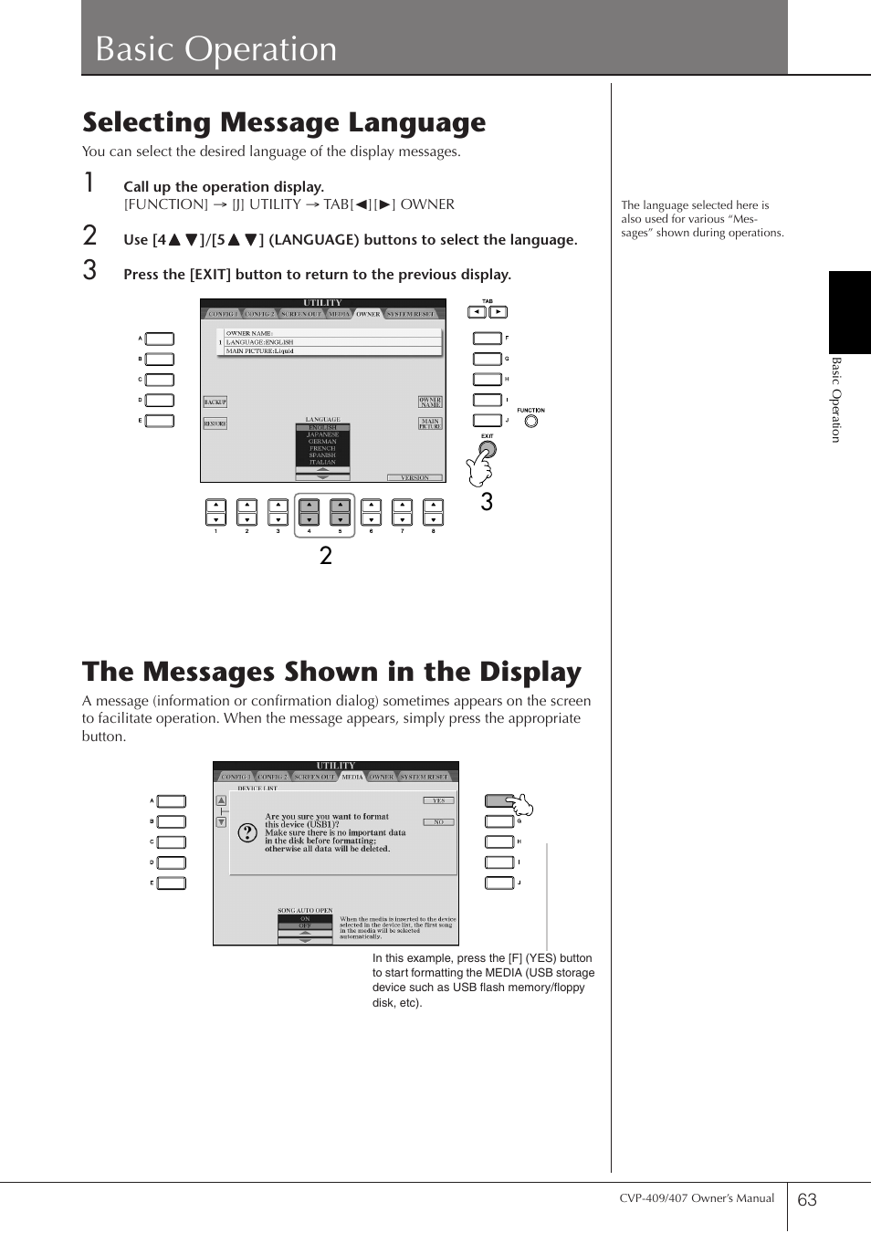 Basic operation, Selecting message language, The messages shown in the display | Yamaha CVP-409 User Manual | Page 63 / 226