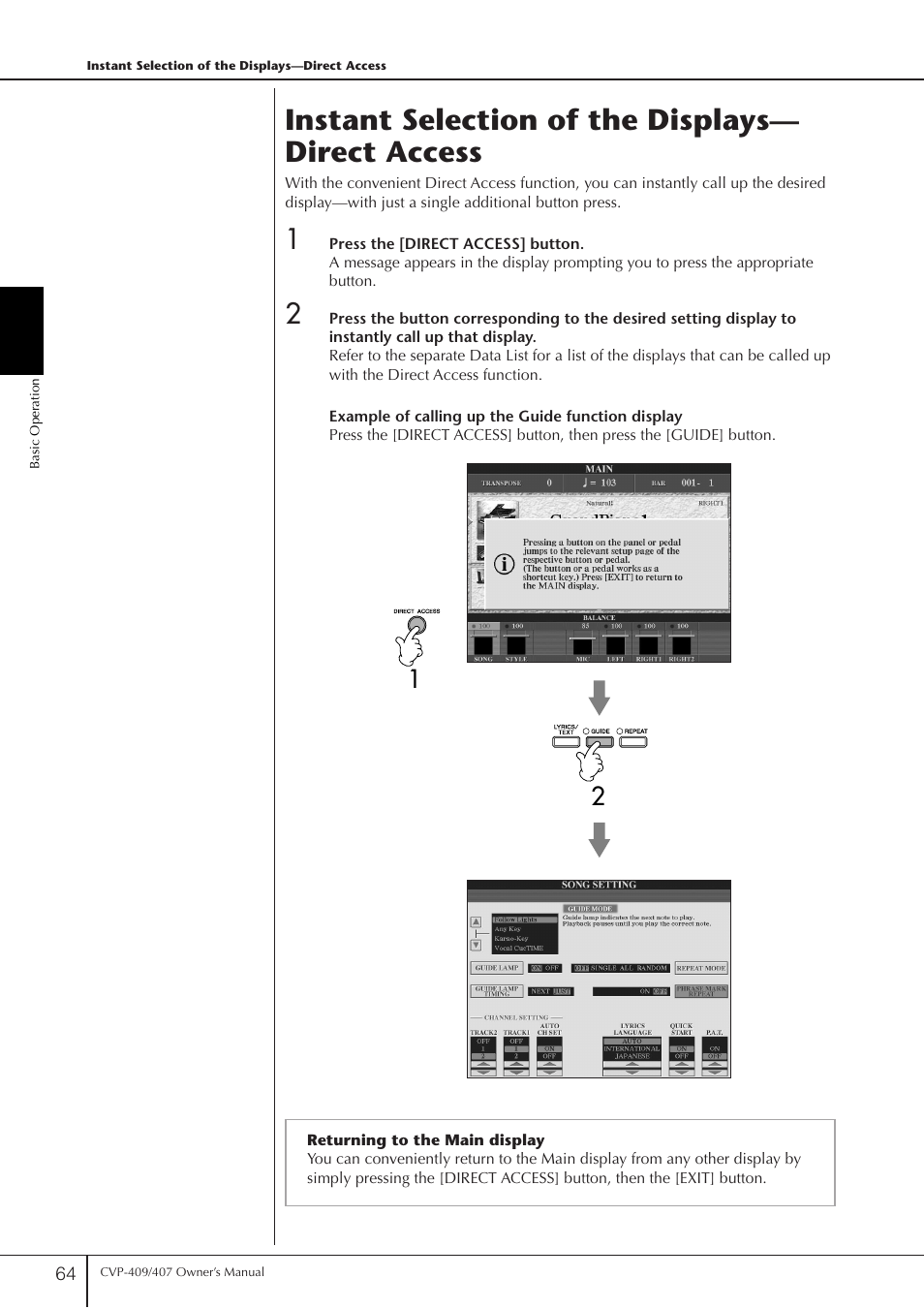 Instant selection of the displays- direct access, Instant selection of the displays —direct access, P. 64 | Instant selection of the displays— direct access | Yamaha CVP-409 User Manual | Page 64 / 226