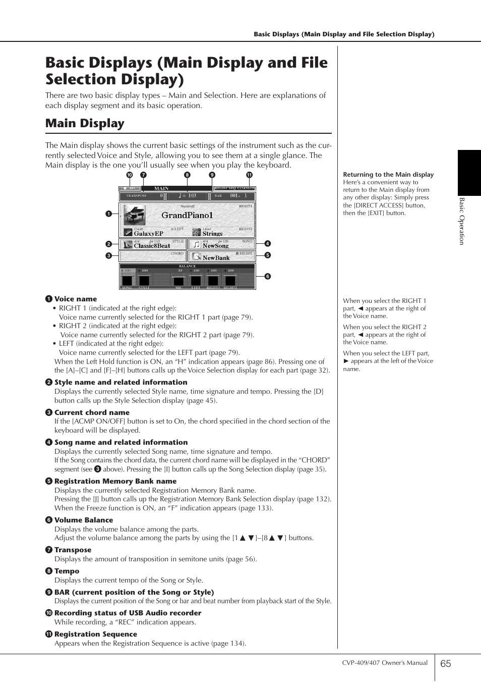 Main display | Yamaha CVP-409 User Manual | Page 65 / 226