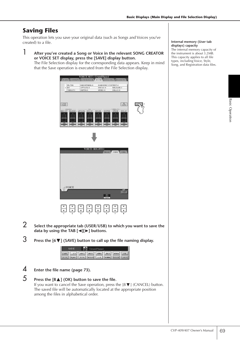 Saving files | Yamaha CVP-409 User Manual | Page 69 / 226