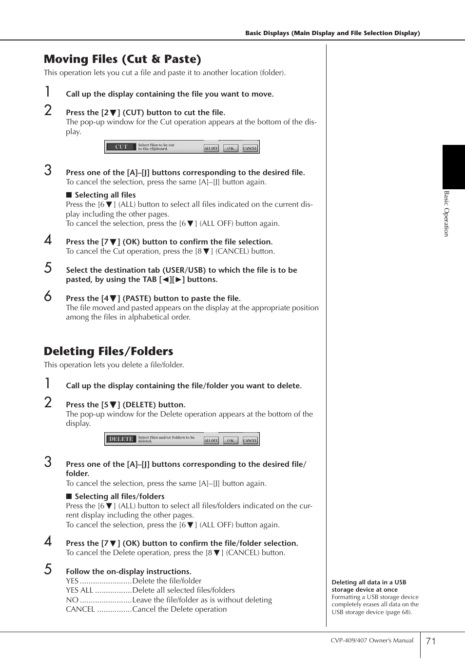Moving files (cut & paste), Deleting files/folders | Yamaha CVP-409 User Manual | Page 71 / 226