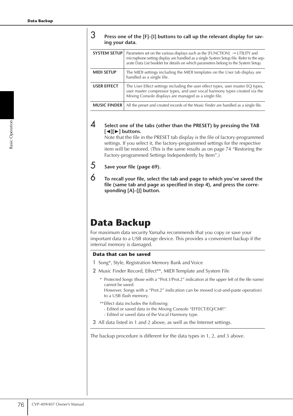 Data backup | Yamaha CVP-409 User Manual | Page 76 / 226