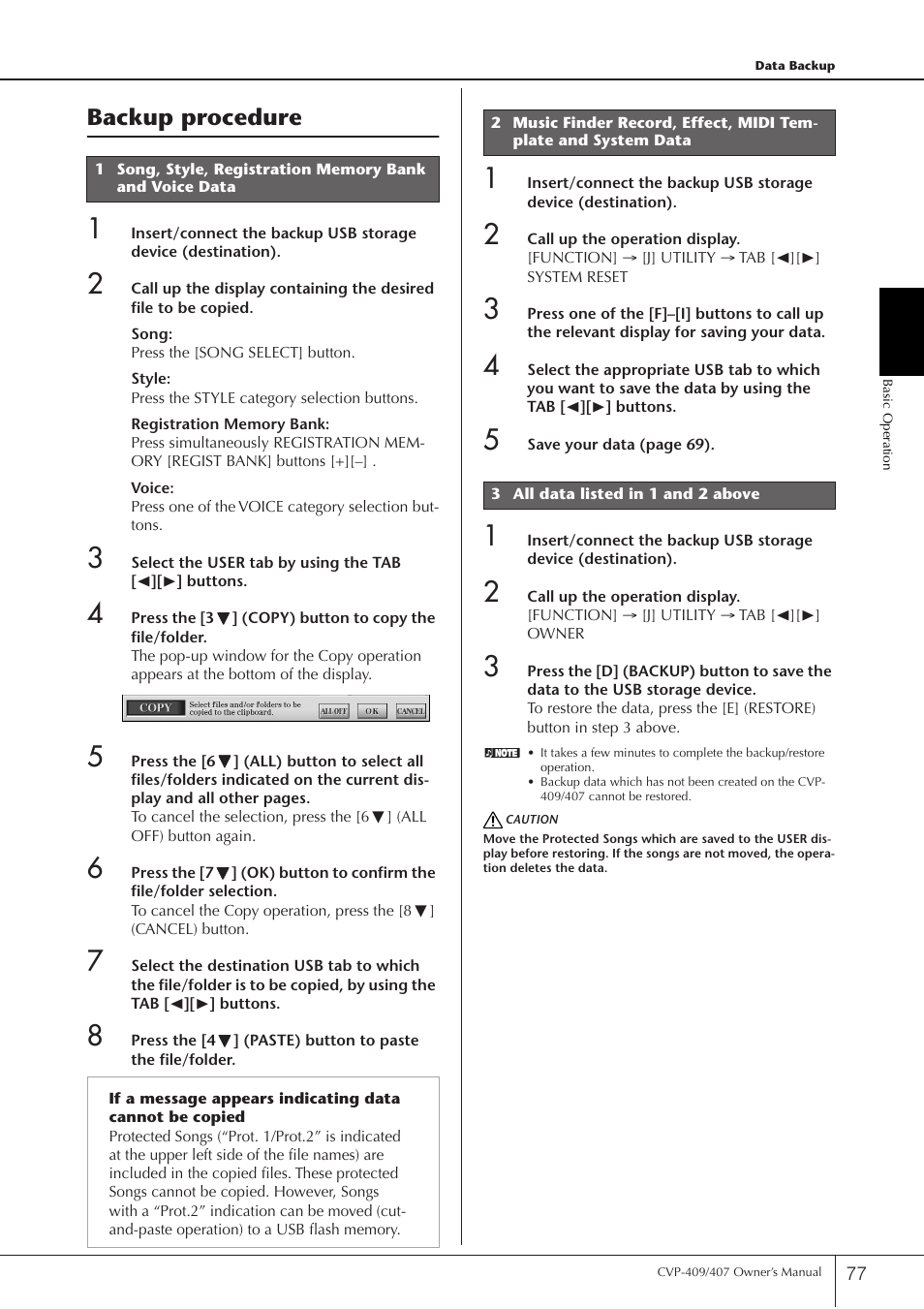 Backup procedure | Yamaha CVP-409 User Manual | Page 77 / 226