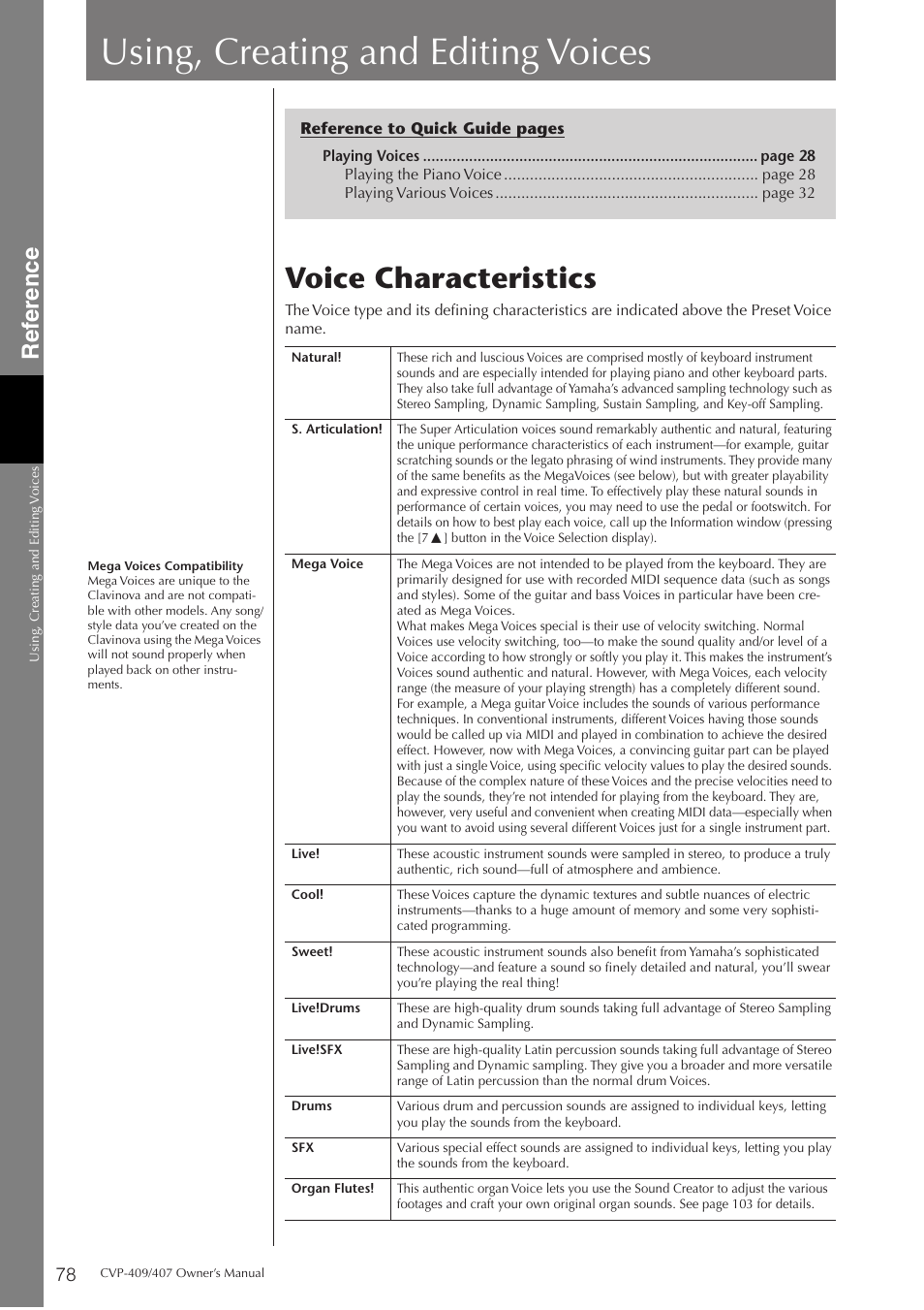 Using, creating and editing voices, Voice characteristics, Ref erence | Yamaha CVP-409 User Manual | Page 78 / 226