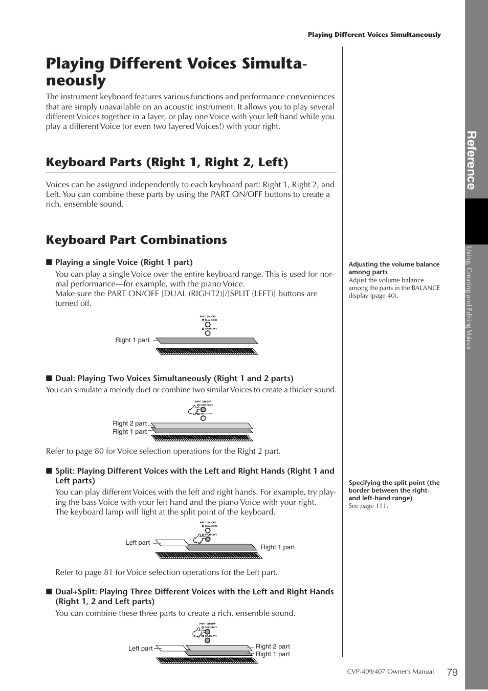 Playing different voices simultaneously, Keyboard parts (right 1, right 2, left), P. 79 | Playing different voices simulta- neously, Ref erence, Keyboard part combinations | Yamaha CVP-409 User Manual | Page 79 / 226