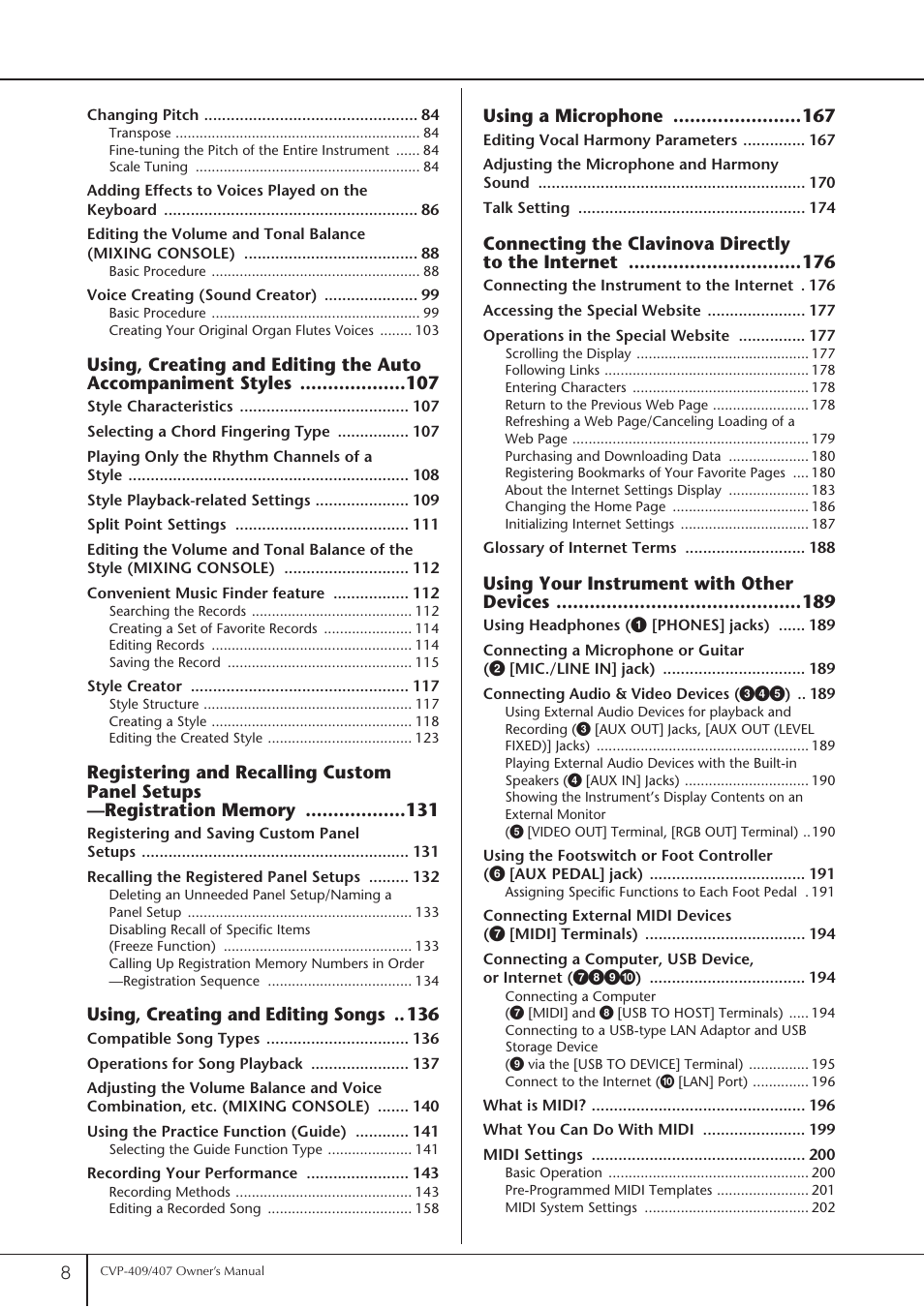 Using, creating and editing songs, Using a microphone, Connecting the clavinova directly to the internet | Using your instrument with other devices | Yamaha CVP-409 User Manual | Page 8 / 226