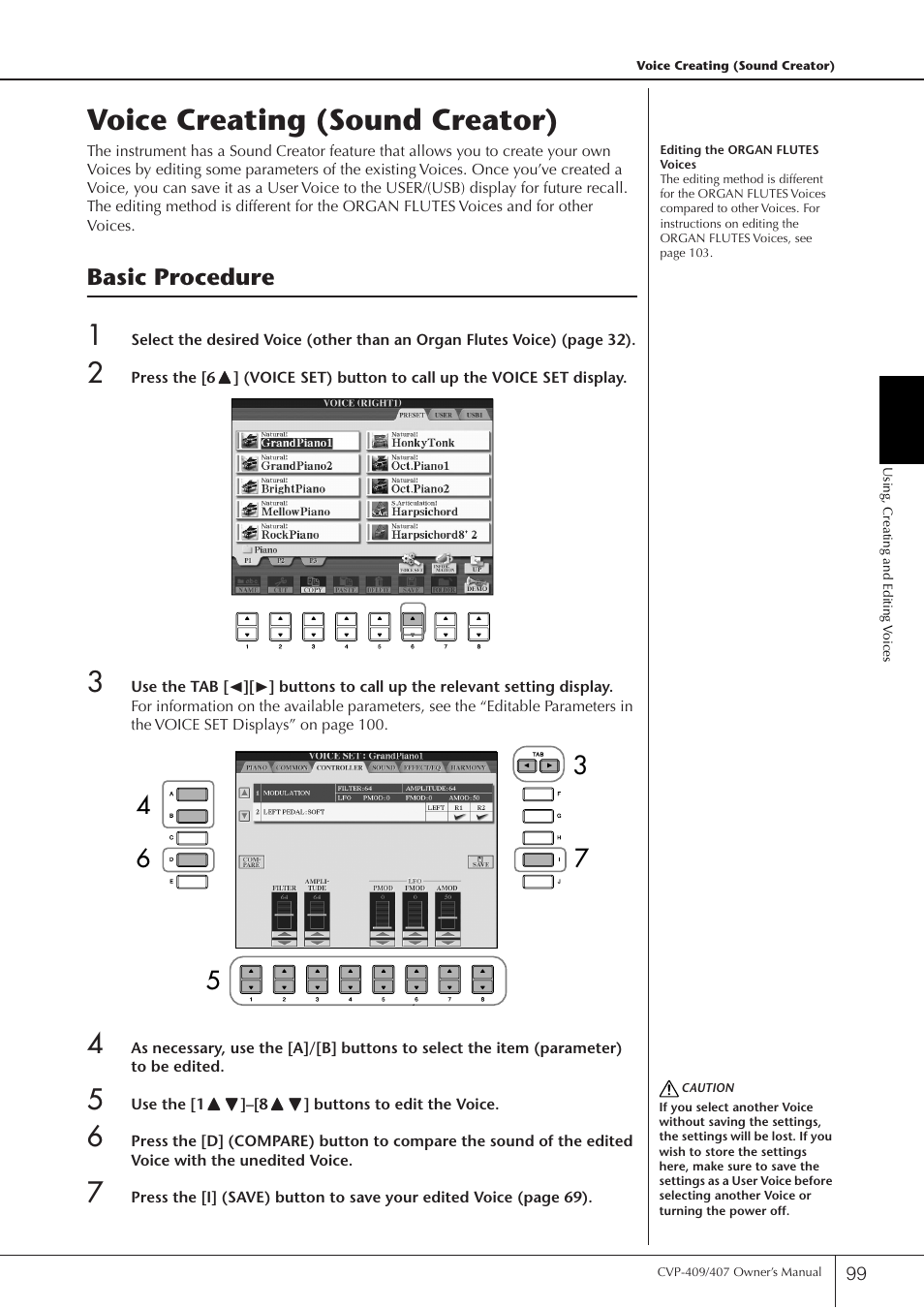 Voice creating (sound creator), Basic procedure | Yamaha CVP-409 User Manual | Page 99 / 226