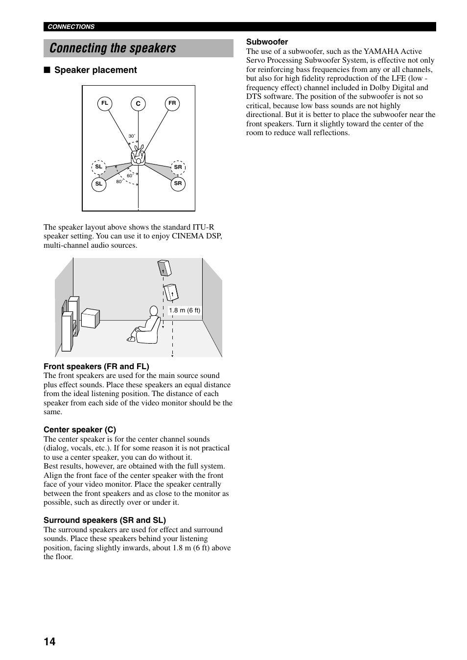 Connecting the speakers, Speaker placement | Yamaha HTR-5730 User Manual | Page 16 / 60