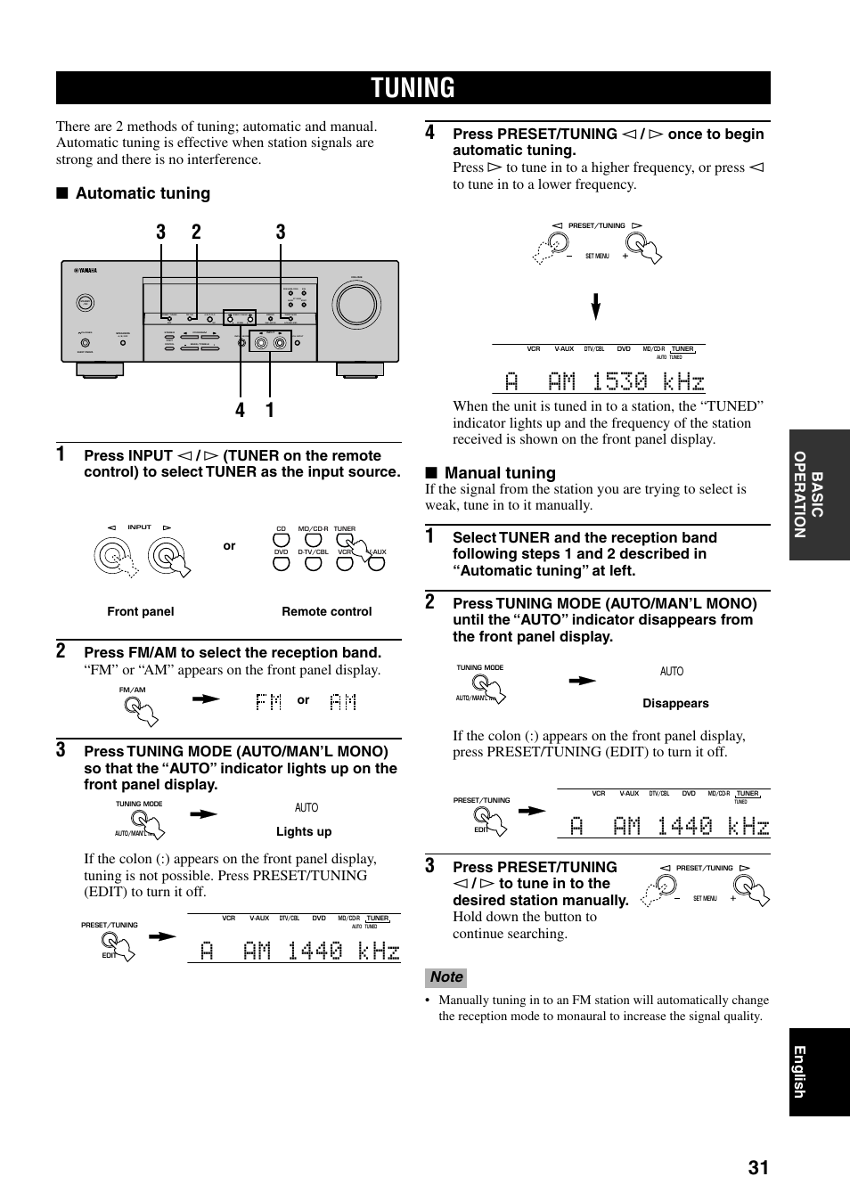 Tuning, Aam 1530 khz, Aam 1440 khz | Manual tuning, Automatic tuning, Basic opera tion, English | Yamaha HTR-5730 User Manual | Page 33 / 60