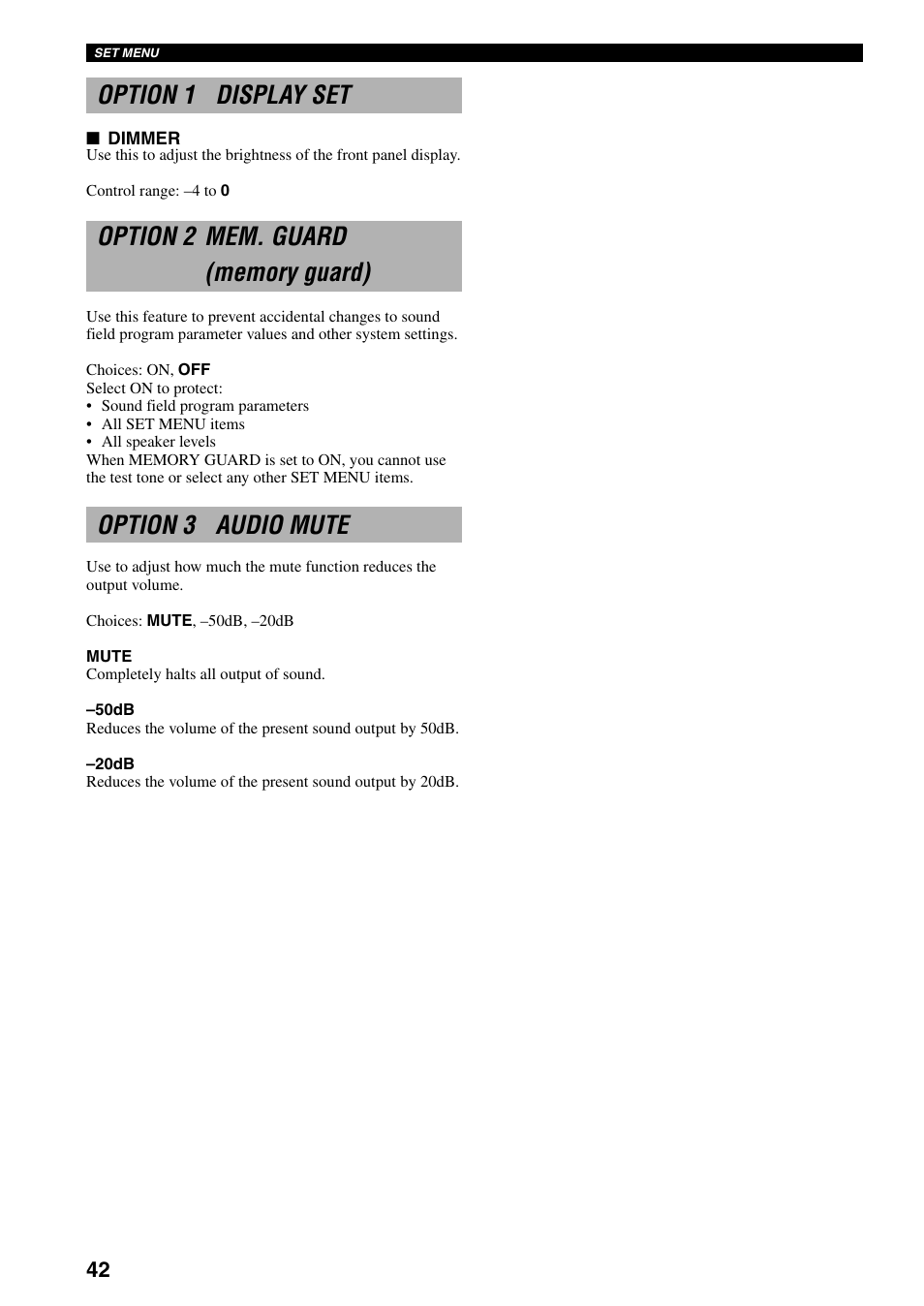 Option 1 display set, Option 2 mem. guard (memory guard), Option 3 audio mute | Yamaha HTR-5730 User Manual | Page 44 / 60