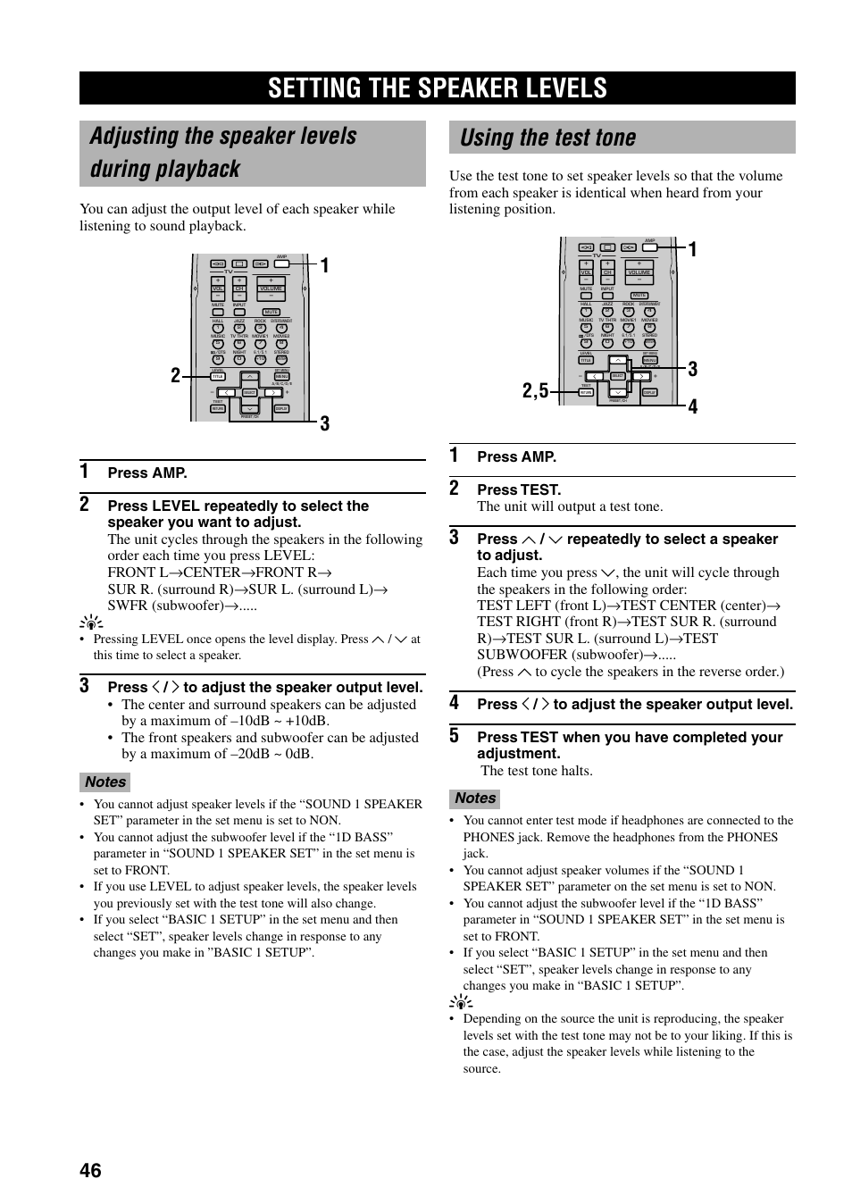 Setting the speaker levels, Adjusting the speaker levels during playback, Using the test tone | Press amp, Press test. the unit will output a test tone, Press j / i to adjust the speaker output level | Yamaha HTR-5730 User Manual | Page 48 / 60