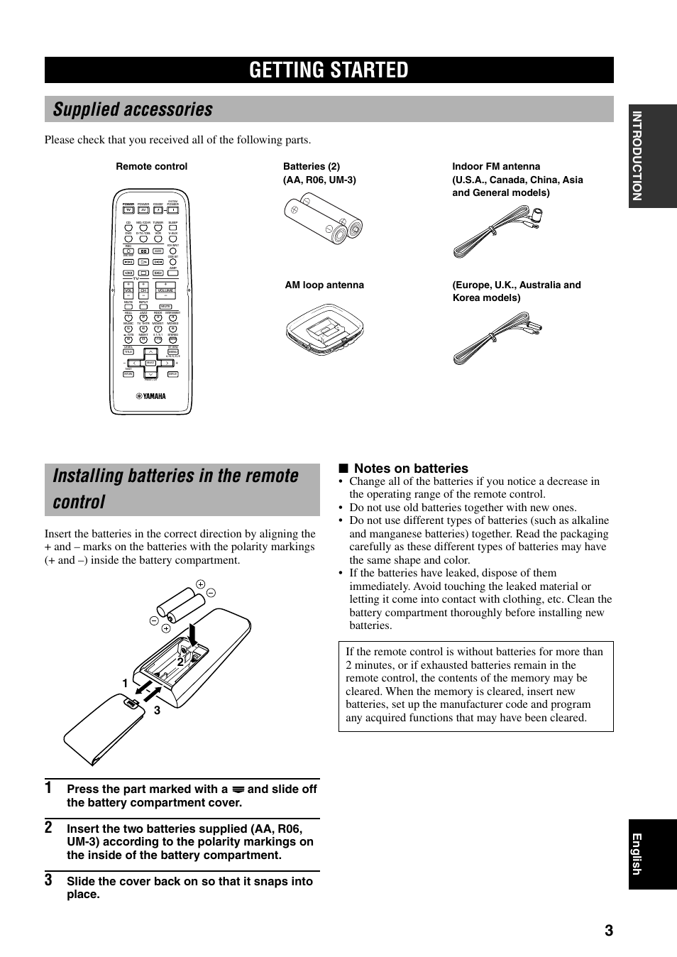 Getting started, Supplied accessories, Installing batteries in the remote control | Intr oduction english | Yamaha HTR-5730 User Manual | Page 5 / 60