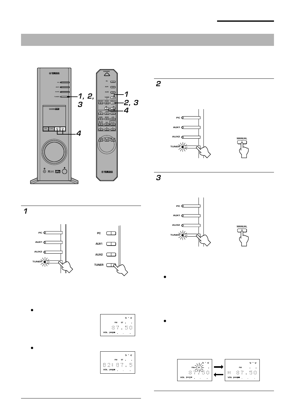 Tuning into an fm station, Listening to an fm broadcast, Auto tuning | First turn on this unit, Fm auto stereo fm monaural | Yamaha RP-U200 User Manual | Page 18 / 57