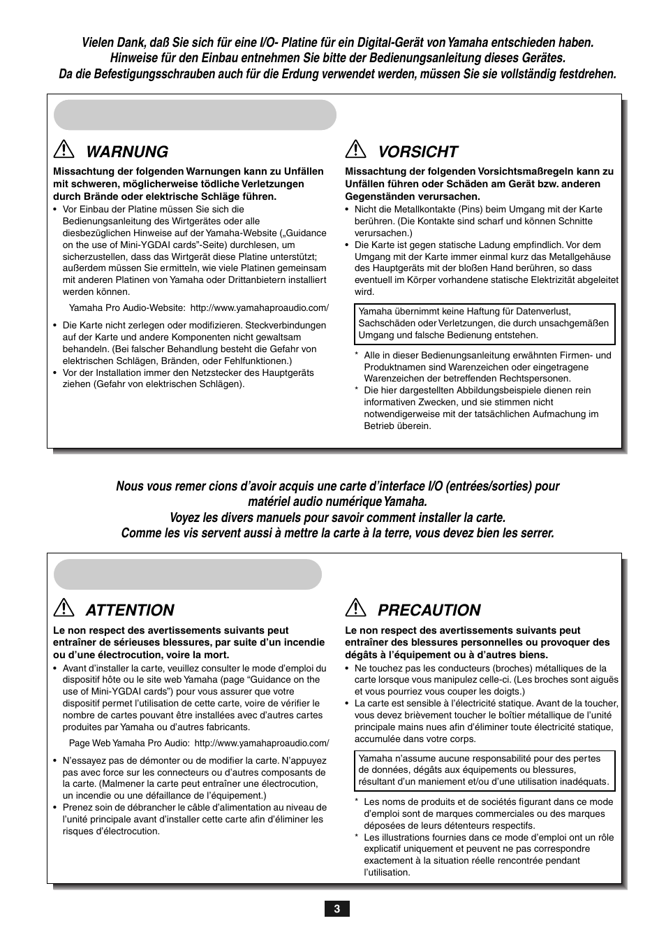 Vorsichtsmassnahmen, Precautions d’usage, Warnung | Vorsicht, Attention, Precaution | Yamaha MY8-AEB User Manual | Page 3 / 12