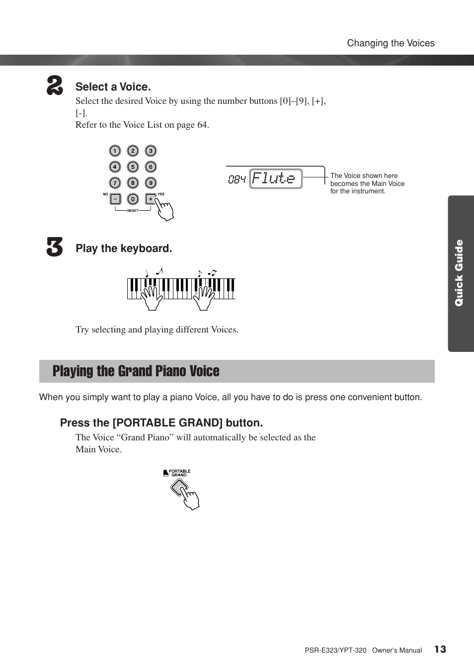 Playing the grand piano voice, Flute | Yamaha YPT-320  EN User Manual | Page 13 / 80