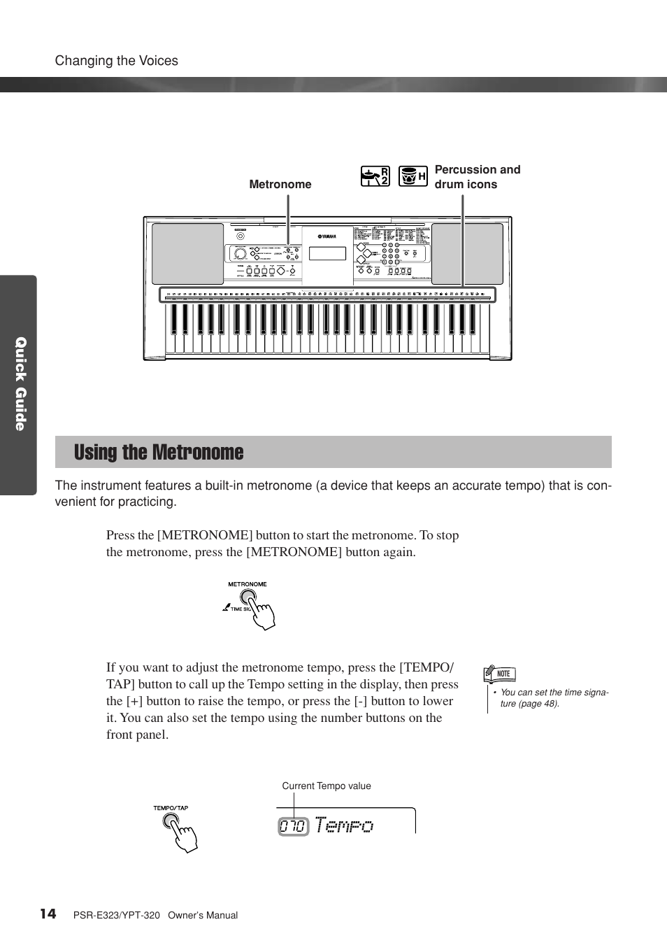 Using the metronome, Tempo | Yamaha YPT-320  EN User Manual | Page 14 / 80