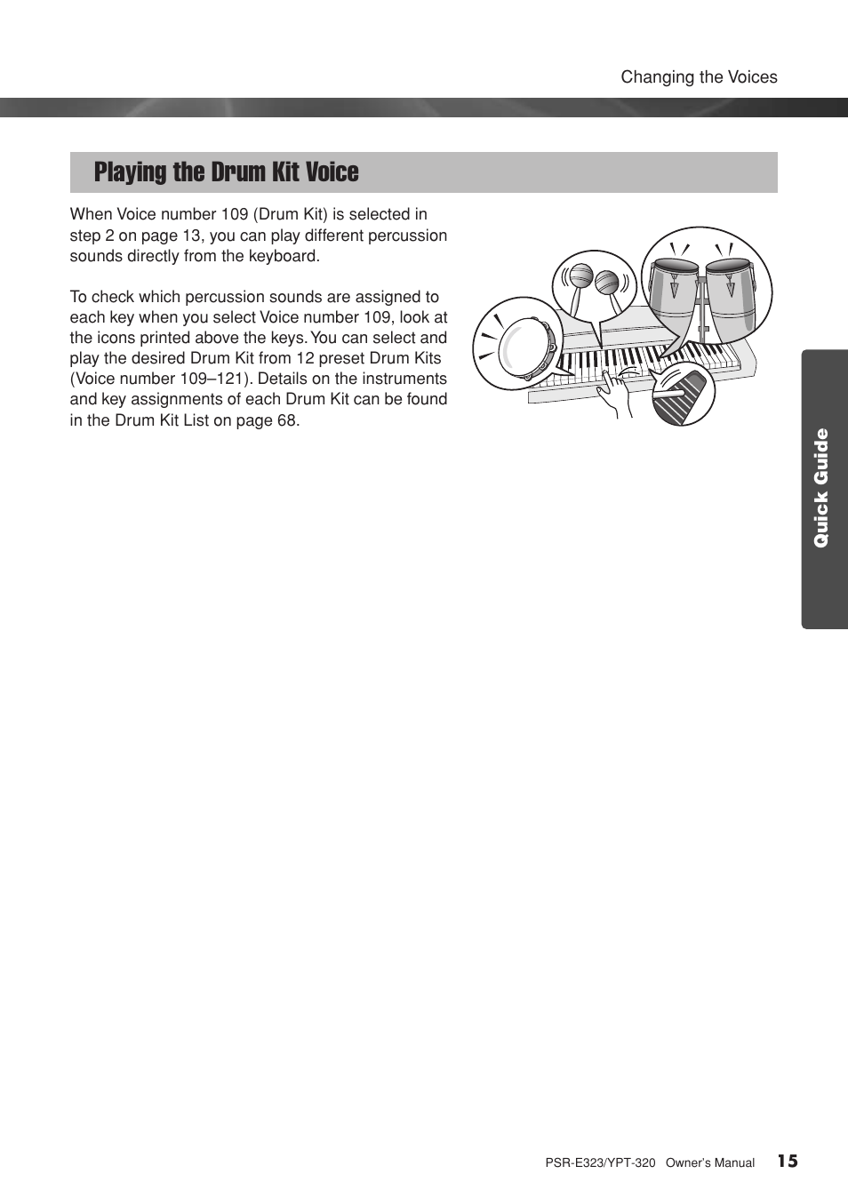 Playing the drum kit voice | Yamaha YPT-320  EN User Manual | Page 15 / 80