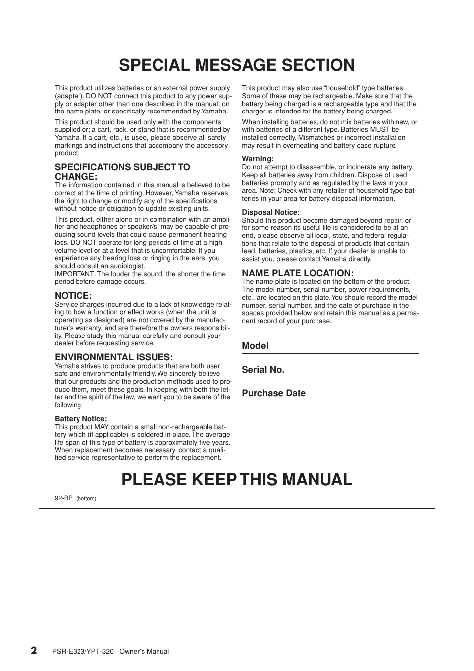 Please keep this manual | Yamaha YPT-320  EN User Manual | Page 2 / 80