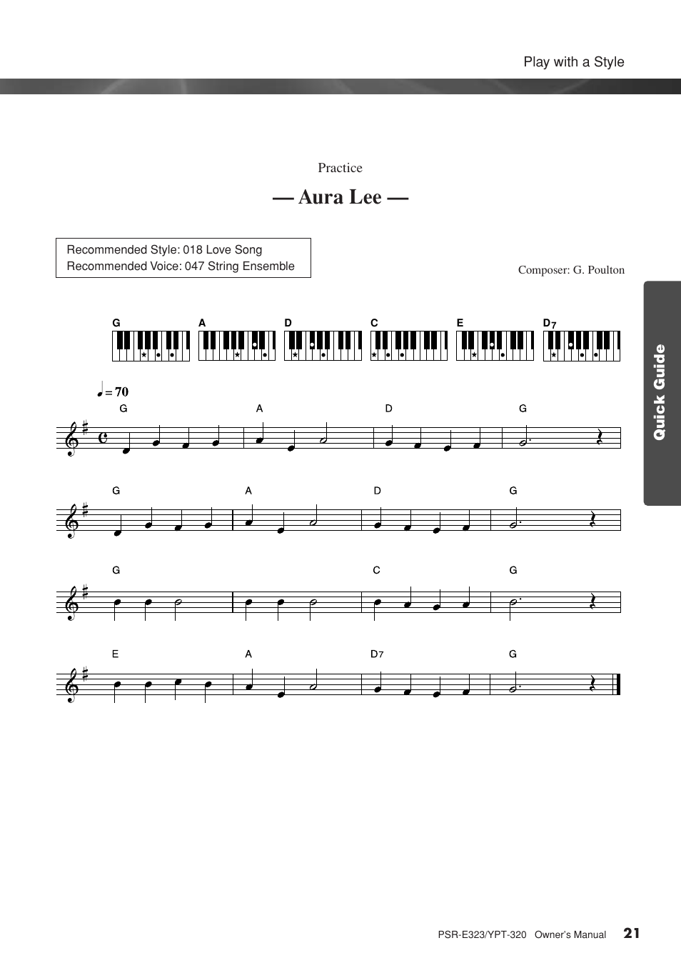 Aura lee, Quick guide | Yamaha YPT-320  EN User Manual | Page 21 / 80