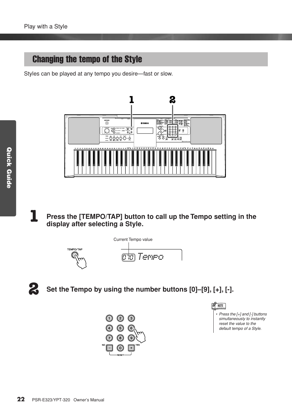 Changing the tempo of the style, Tempo | Yamaha YPT-320  EN User Manual | Page 22 / 80