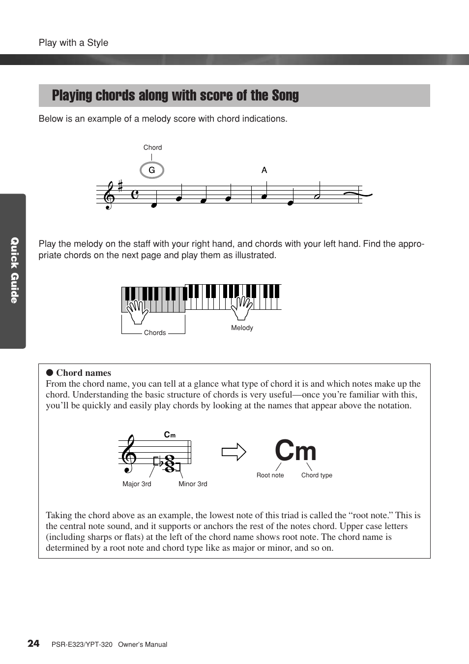 Playing chords along with score of the song | Yamaha YPT-320  EN User Manual | Page 24 / 80
